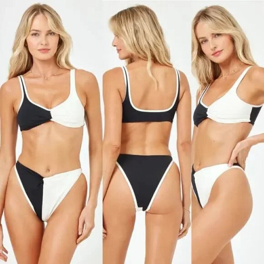 New L*SPACE Cardi Black/Cream Swim Bikini Top Large NWT